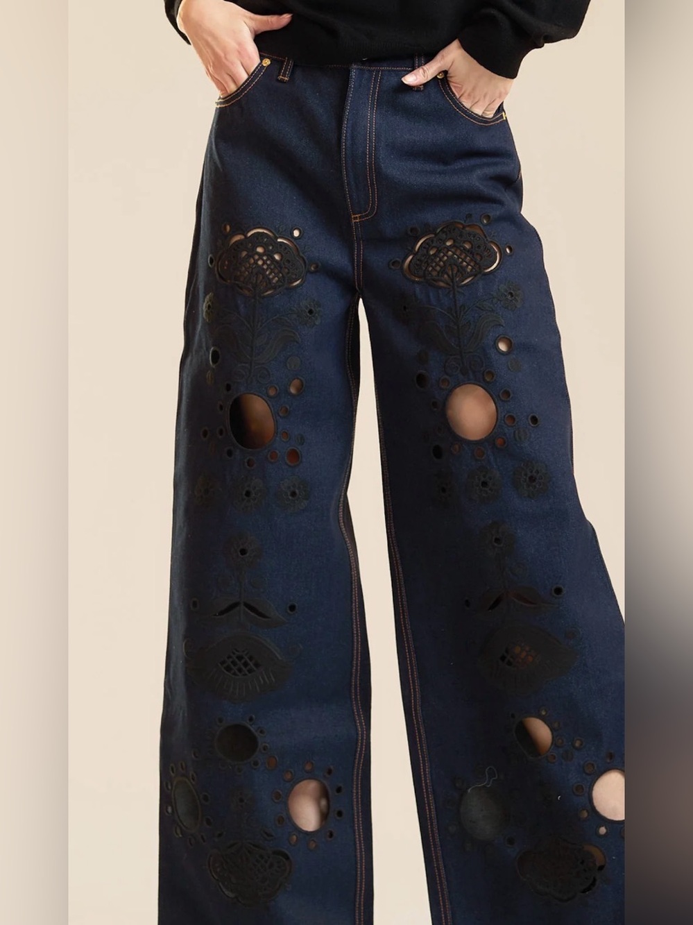 NWT Cynthia Rowley Embroidered Wide-Leg Jean in Dark Wash Size 28 - Picture 3 of 10